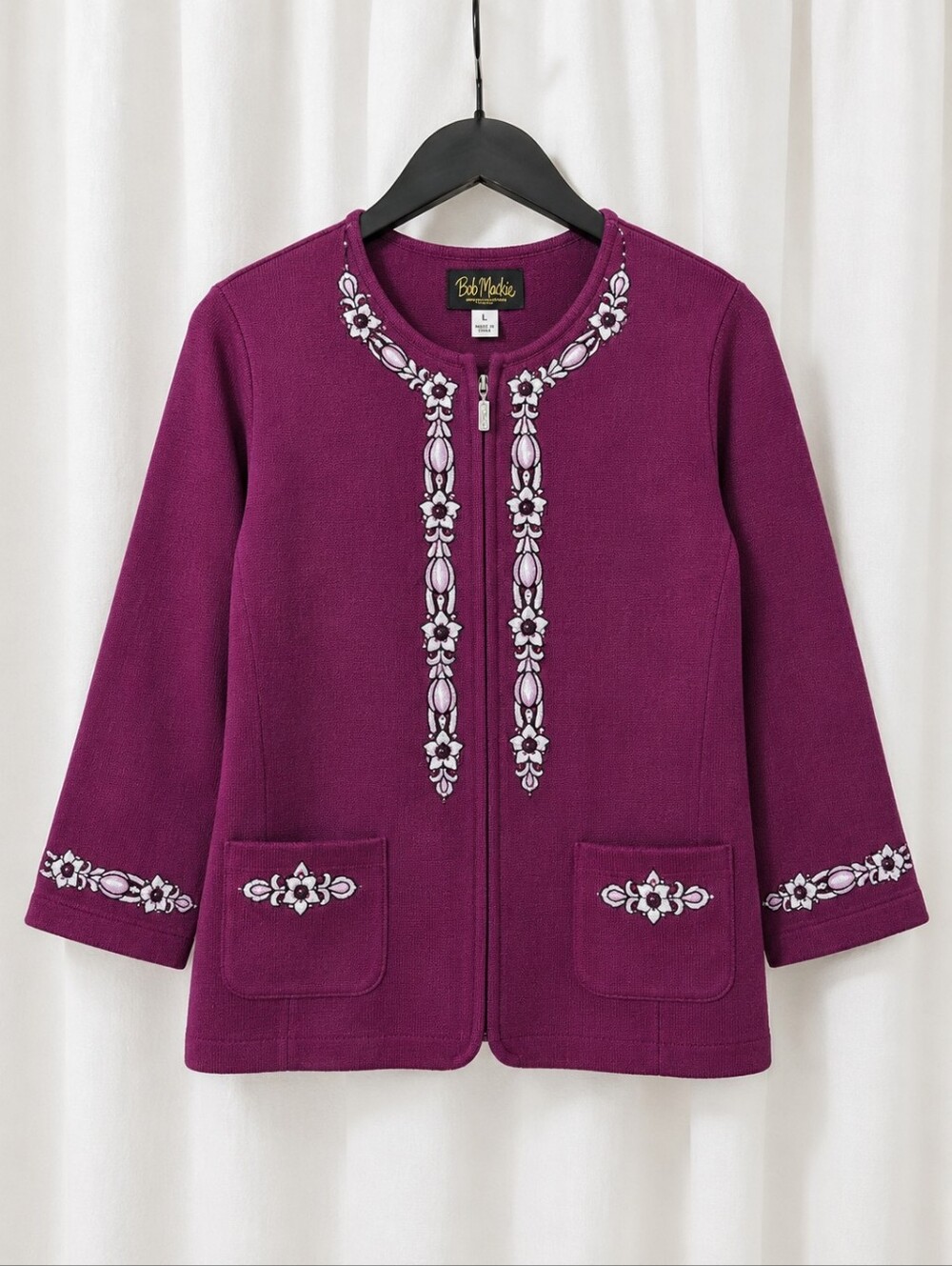 Bob Mackie Wearable Art Magenta Floral Embellished Zip Front Knit Cotton Jacket